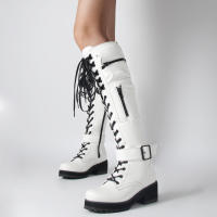 Botas de cuero con cremallera lateral para mujer, botines de tacón bajo a la moda, parte inferior gruesa con cordones, novedad de invierno de 2025 - details 28