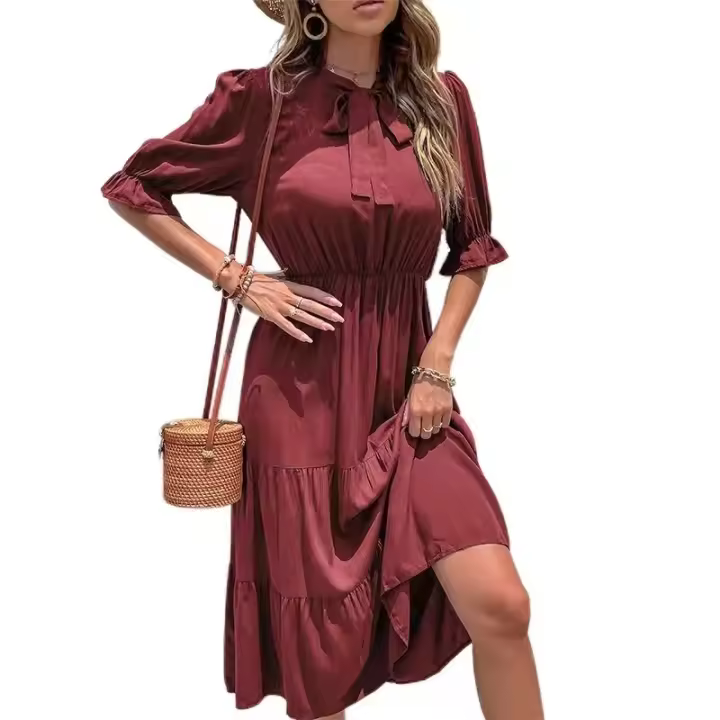 Vestidos largos informales para mujer, cuello redondo, manga corta, cintura alta, rojo burdeos S - 1