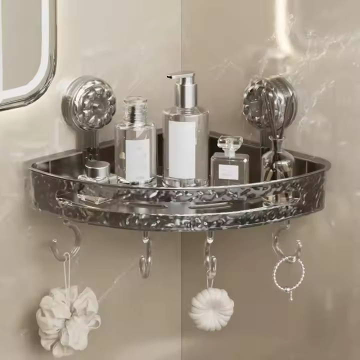 Estante de almacenamiento para rincón del baño, creativo, sin perforaciones, práctico soporte de plástico para cosméticos, ahorro de espacio, estante de almacenamiento impermeable para albergue - 1