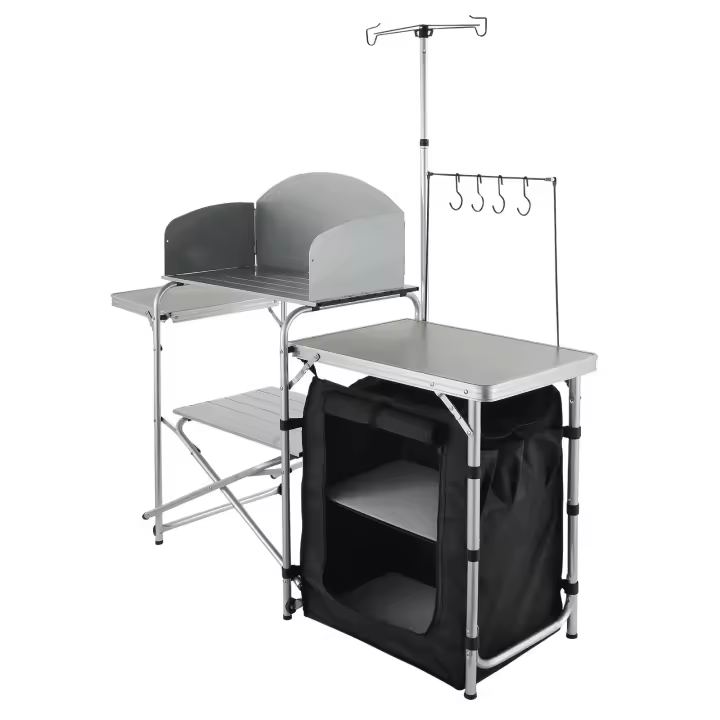 SucceBuy Mesa de cocina para acampar, mesa de cocina portátil plegable con 1 armario, parabrisas y soporte de lámpara ajustable, estación de parrilla para exteriores con encimera de MDF, ideal para acampar, caravana, picnic - 1