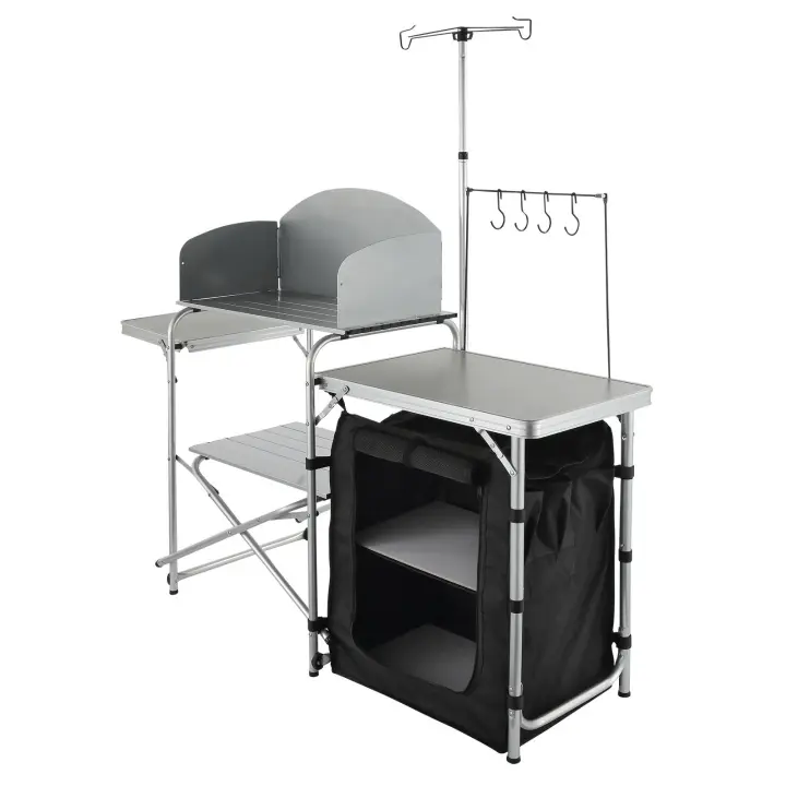 SucceBuy Mesa de cocina para acampar, mesa de cocina portátil plegable con 1 armario, parabrisas y soporte de lámpara ajustable, estación de parrilla para exteriores con encimera de MDF, ideal para acampar, caravana, picnic - 1