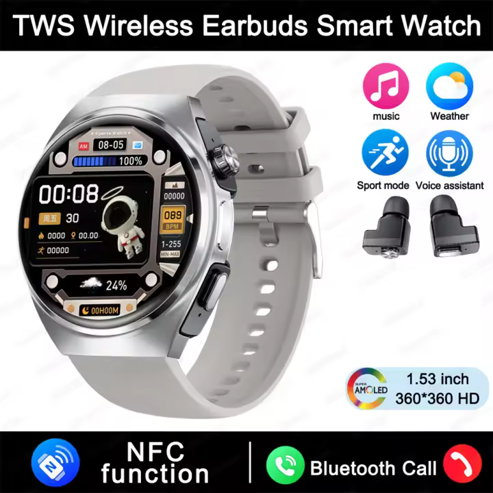PORCHEDDU Reloj Inteligente 2 en 1 Auriculares Inalambros Llamada de Música Local Reloj Inteligente para Hombres Ritmo Cardíaco IP68 Reloj Deportivo Impermeable Para IOS Android,NFC, 1,53 pulgadas,Reloj Deportivo de Monitoreo de Salud - 1