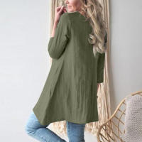 Tops sueltos de manga corta con cuello redondo para mujer, bolsillo de algodón y lino, nuevo - details 7