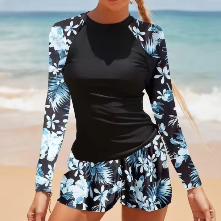 Conjunto de tankini para mujer, manga larga, ropa de playa para deportes de surf, traje de baño de dos piezas con pantalones cortos, 2025 - 1
