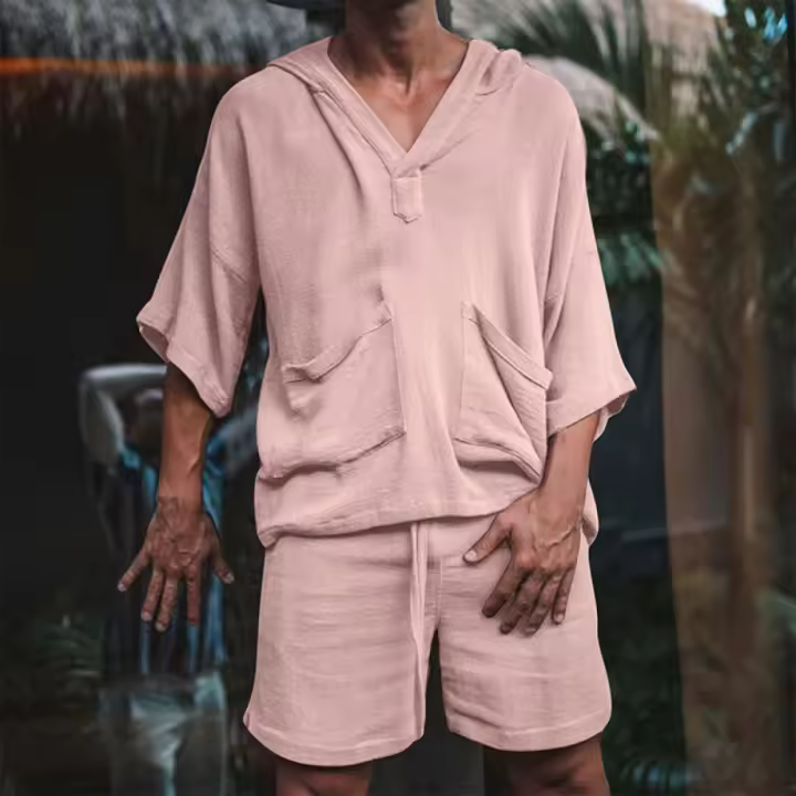 Conjunto de 2 piezas para hombre, conjunto informal de lino y algodón de verano, camisa de manga corta, pantalones cortos - 1