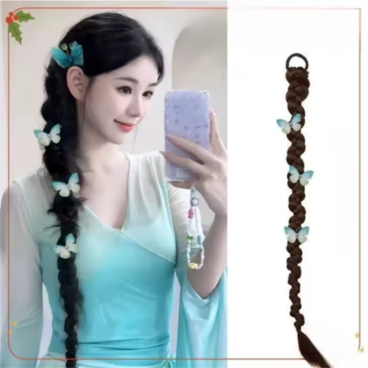 Horquilla de mariposa, cola de caballo trenzada larga, extensión de cabello, banda de goma, cola de poni, banda para el cabello Natural - 1