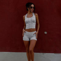 BUNO-Conjunto de 2 piezas con pliegues de gato extraño para mujer, camisetas sin mangas con cordones y espalda descubierta, camisetas sin mangas y pantalones cortos, traje a juego de calle de tendencia de verano - details 6