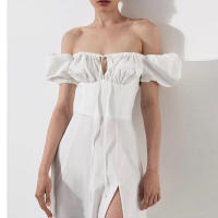 Vestido Largo Francés de Hombro Único para Mujer 2024 Mangas Abullonadas, Cordón, Delgado Casual con Ranura - details 4