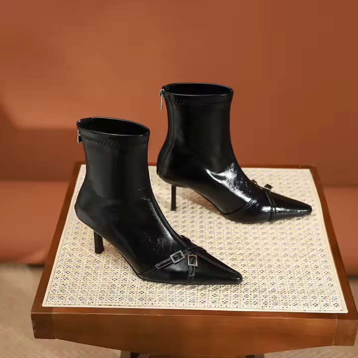 Moda nueva hebilla de cinturón stiletto botas cortas de mujer - 1