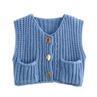 Chaleco de Punto sin Mangas de Moda Coreana para Mujer Cuello en V, Botón Azul, Bolsillos de Adelante, Rojo - details 5