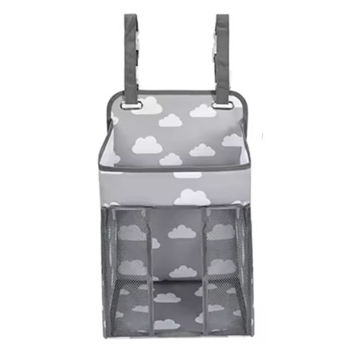 Organizador de almacenamiento para cama de bebé de gran capacidad, apilador de pañales plegable con 2 clips en C, 3 bolsillos de malla, bolsa de almacenamiento colgante para cuna que ahorra espacio - 1