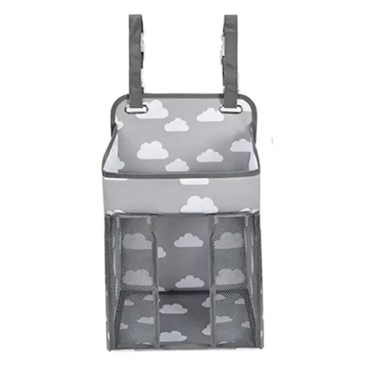 Organizador de almacenamiento para cama de bebé de gran capacidad, apilador de pañales plegable con 2 clips en C, 3 bolsillos de malla, bolsa de almacenamiento colgante para cuna que ahorra espacio - 1