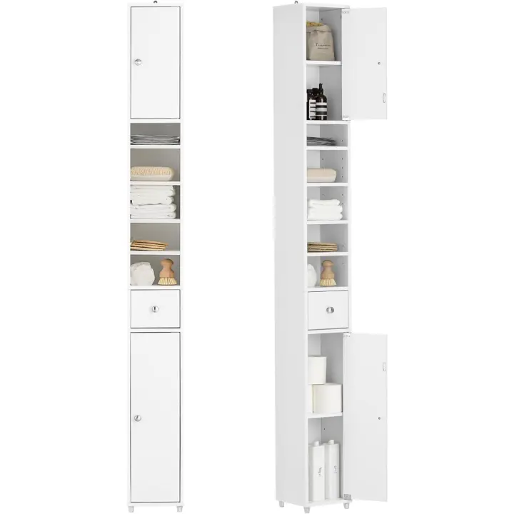 Mueble de Baño de Alto Estante Estanterías con 2 Puertas y Cajón Blanco 20 x 20 x 180 cm BZR34-W ES - 1