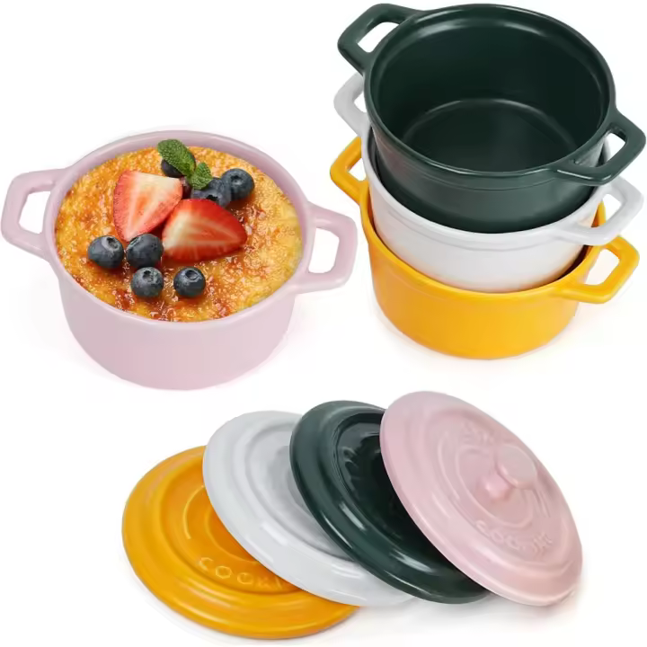 Cuenco Ceramica con Tapas y Asas de 270 ml [Pack de 4] - Ramequines Redondos Porcelana Apilables - Mini Cazuelas Aptas para Horno, Microondas, Congelador y Lavavajillas - 4 Colores - 1
