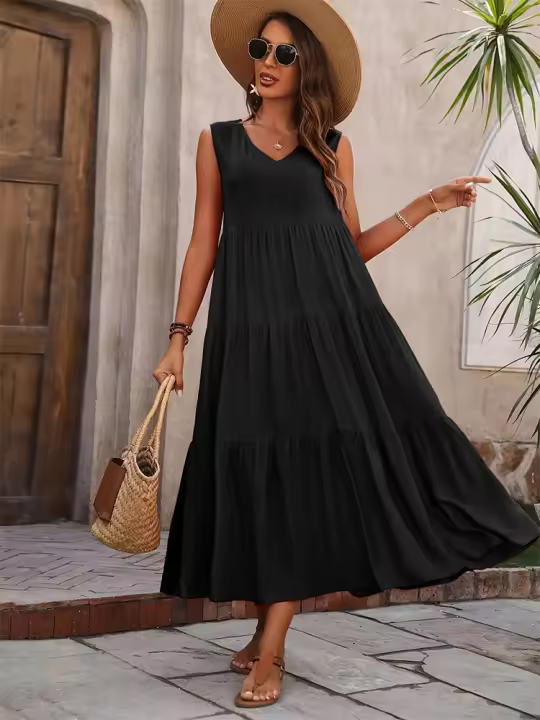 Vestido Boho sin Mangas de Verano 2024 Cuello en V, Color Sólido, Vestido de Flecos en Capas - 1