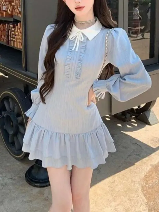 Primavera moda coreana corto hinchado dulce niñas nueva camisa colegial vestidos Oficina diseño azul Casual Mini vestido 2025 - 1