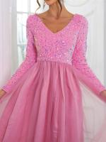 Elegante Vestido de Terciopelo con Lentejuelas Cuello en V, Manga Larga, Red de Cetín, Azul Cielo y Rosa, Perfecto para Fiestas - details 14