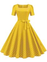 Vestido midi elegante informal para mujer con lunares, cuello Peter Pan, cintura alta y corte en A - details 29