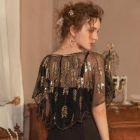 Mantón rojo púrpura para mujer, capa vintage con patrón de hojas de lentejuelas, chal de gasa para vestido de noche - details 3