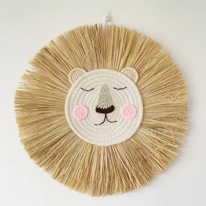 Decoración de pared de León hecha a mano, hilo de algodón, paja tejida, cabeza de Animal, adorno colgante de pared para guardería, decoración de habitación de bebé, 40cm - 1