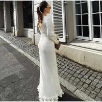 Vestido largo de punto con mangas acampanadas y dobladillo con volantes para mujer, Vestido elegante con espalda descubierta y cuello redondo con cordones, batas de vacaciones para mujer - details 8