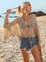 Vestido playero de ganchillo para mujer: envoltura holgada de bikini de manga larga con lazo de borlas, mangas acampanadas y protección solar - details 12