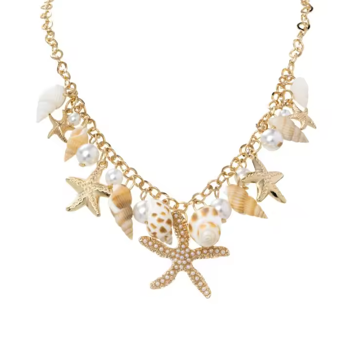 Collar Bohémio Étnico para Mujer con Colgante de Estrella de Mar y Perlas Naturales de Caracola - 1