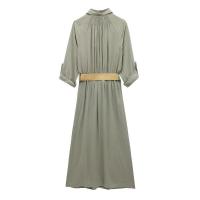 BUNO-Vestido camisero a rayas para mujer, plisado con cinturón, midi, manga con vuelta, largo para playa, verano, 2025 - details 7