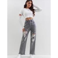 Vaqueros informales rasgados para mujer, pantalones retro grandes con cintura alta - details 5