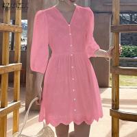 ZANZEA-vestido de mujer de encaje de retales, Vestidos informales de verano y primavera, Vestidos con cuello en A, ropa de calle por encima de la rodilla, vestido veraniego - details 5