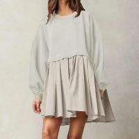 Sudadera informal de otoño con bloques de Color para mujer, Vestido corto holgado de manga larga con cuello redondo, Jersey plisado a la moda, Tops, Vestidos - details 5