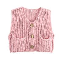 Chaleco de Punto sin Mangas de Moda Coreana para Mujer Cuello en V, Botón Azul, Bolsillos de Adelante, Rojo - details 3