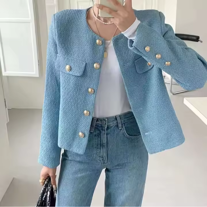 Chaqueta de Edición coreana para mujer, abrigo corto elegante de manga larga con cuello redondo, botón suelto francés a la moda, primavera y otoño 2025 - 1