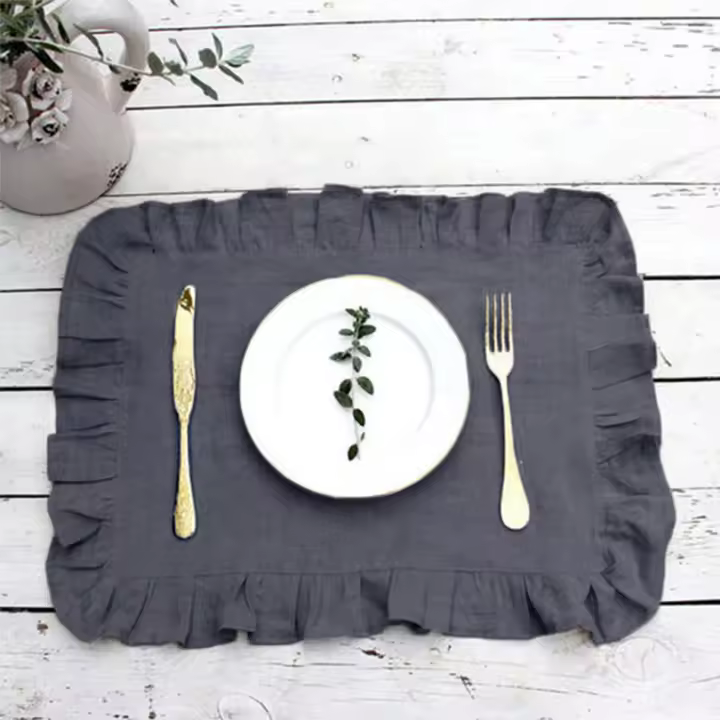 Servilletas 100% de lino para cena de boda, manteles individuales con volantes de Color sólido, borde con volantes, servilleta de mesa clásica personalizada para el hogar - 1