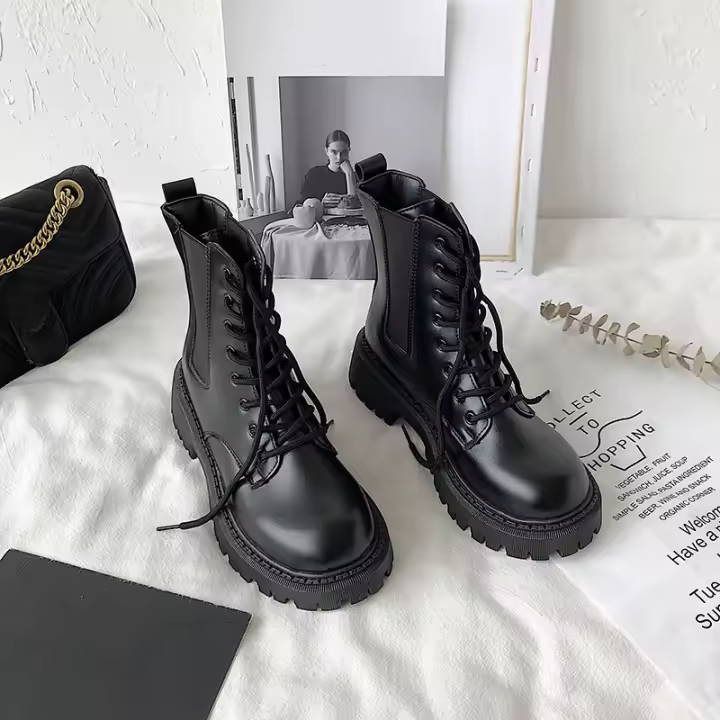 Nuevas botas cortas versátiles con cordones para mujer, botas individuales de primavera y otoño, botas finas de locomotora - 1