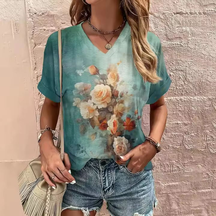 Camiseta de Verano para Mujer Pantalón Corto Informal con Estampado de Flores Camisetas 3D de Manga - 1