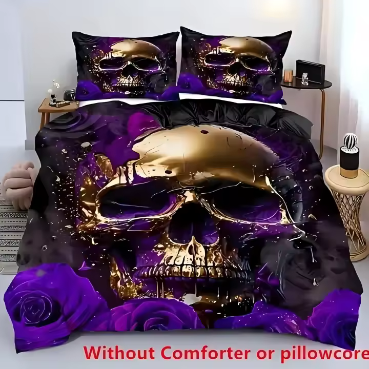Funda de Edredón de Estilo Gótico de Halloween 3PCS con Patrón de Calavera Dorada de Rosa Violeta - 1