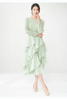 Vestido de primavera Miyake para mujer, aspecto sofisticado, cintura delgada, con bordes con volantes y mangas largas con elegancia. - details 19