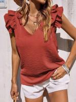 Camisa casual elegante con cuello en V para mujer, parte superior lisa con ribers de oficina, mangas de hoja de loto, verano - details 20