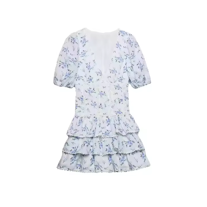Estampado YEYE Floral Short para mujer, minivestido con mangas abullonadas y volantes en capas, nueva llegada de moda para mujer, volantes, - 1