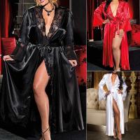 Albornoz Sexy de encaje con cuello en V para mujer, camisón con cinturón, pijamas de manga larga en negro, blanco y rojo, batas, lencería, camisones para dormir - details 5