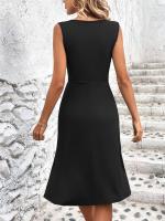 Nuevo producto verano 2025 color sólido con cuello en V, cintura cruzada plisada, vestido sin mangas, midi y largo, vestido largo de mujer - details 3