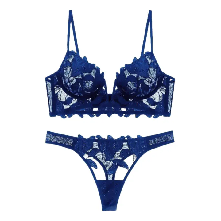 Conjunto de bragas y sujetador de encaje de malla con flores bordadas florales sexys Conjunto de lencería push-up para mujer - 1