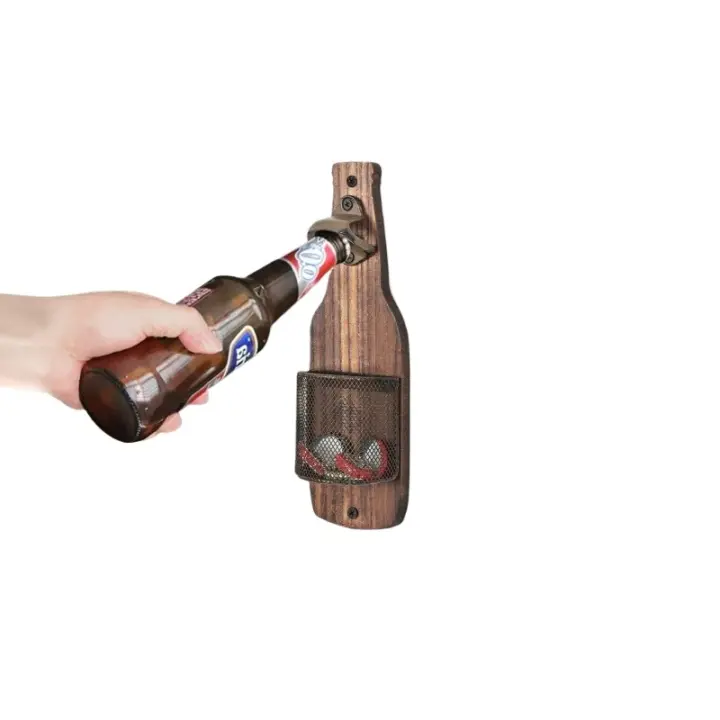 Abridor de cerveza de pared de 25 cm, abridor de botellas de madera vintage, abridor de cerveza con coleccionista de tapas, abridor de botellas de pared de madera vintage, regalo original para papá, esposo, amigos y colegas - 1
