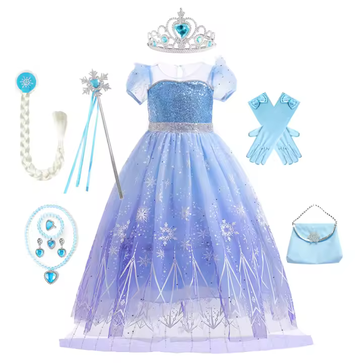 Vestido de princesa para niñas, disfraz de Elsa para Halloween, carnaval, fiesta de cumpleaños, tela azul - 1