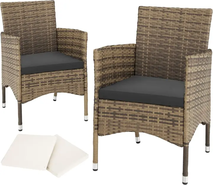 Set de 2 Sillones en Ratán y Acero, Muebles de Jardín Exterior Resistentes a la Intemperie, Sillón para Conjunto de Jardín Exterior, Cojines con Fundas Intercambiables, Fácil Montaje - Gris/Crema - 1