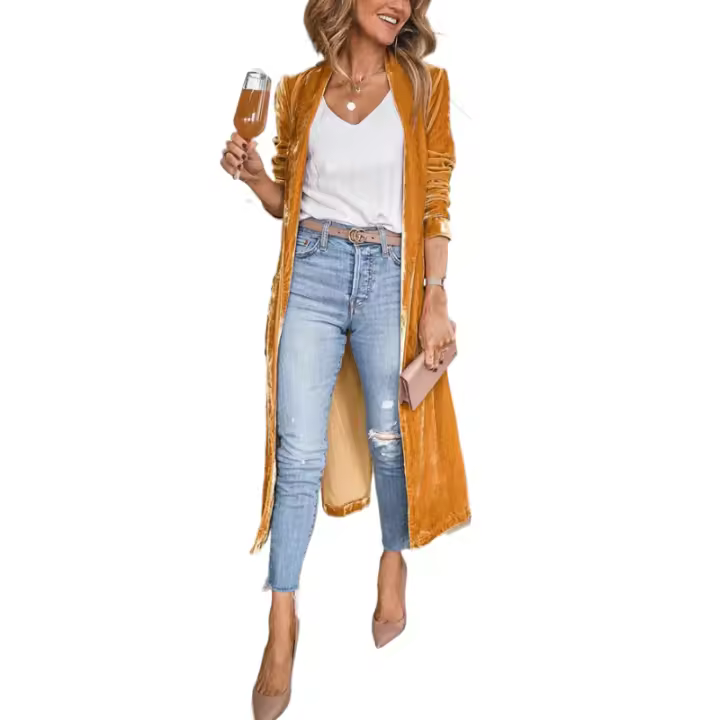 Abrigo largo de moda clásica para mujer, color sólido suelto de terciopelo dorado, chaqueta elástica de cárdigan suelto - 1