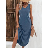 Vestido midi de punto dividido sin mangas con cuello en V para mujer, verano 2025 - details 3