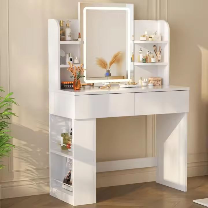 Tocador de Maquillaje con Luces LED, Brillo Ajustable, Mesa de Maquillaje con Espejo, con 2 Cajones Grandes y 4 Estantes Abiertos y Taquilla Lateral, Moderno, 90x40x135cm, Blanco - 1