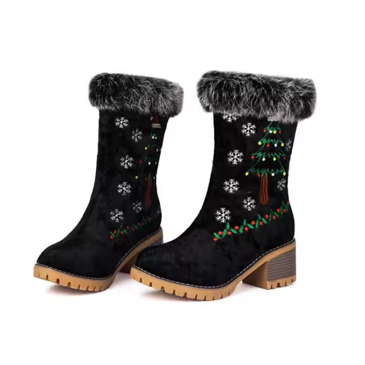 Nuevas rebabas bordadas de gamuza, cabeza redonda, tacón grueso, bordado, árbol de Navidad, botas de mujer, zapatos de mujer - 1